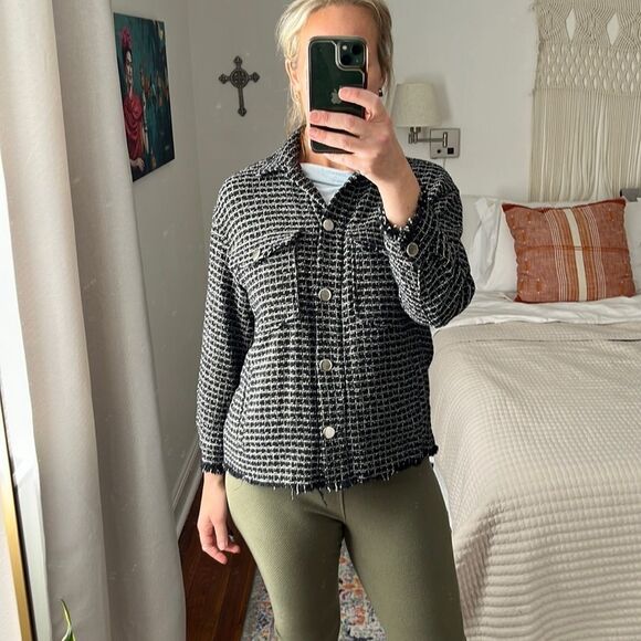 Zara Tweed Jacket Womens XS Black White Button‎ Up - Picture 1 of 7